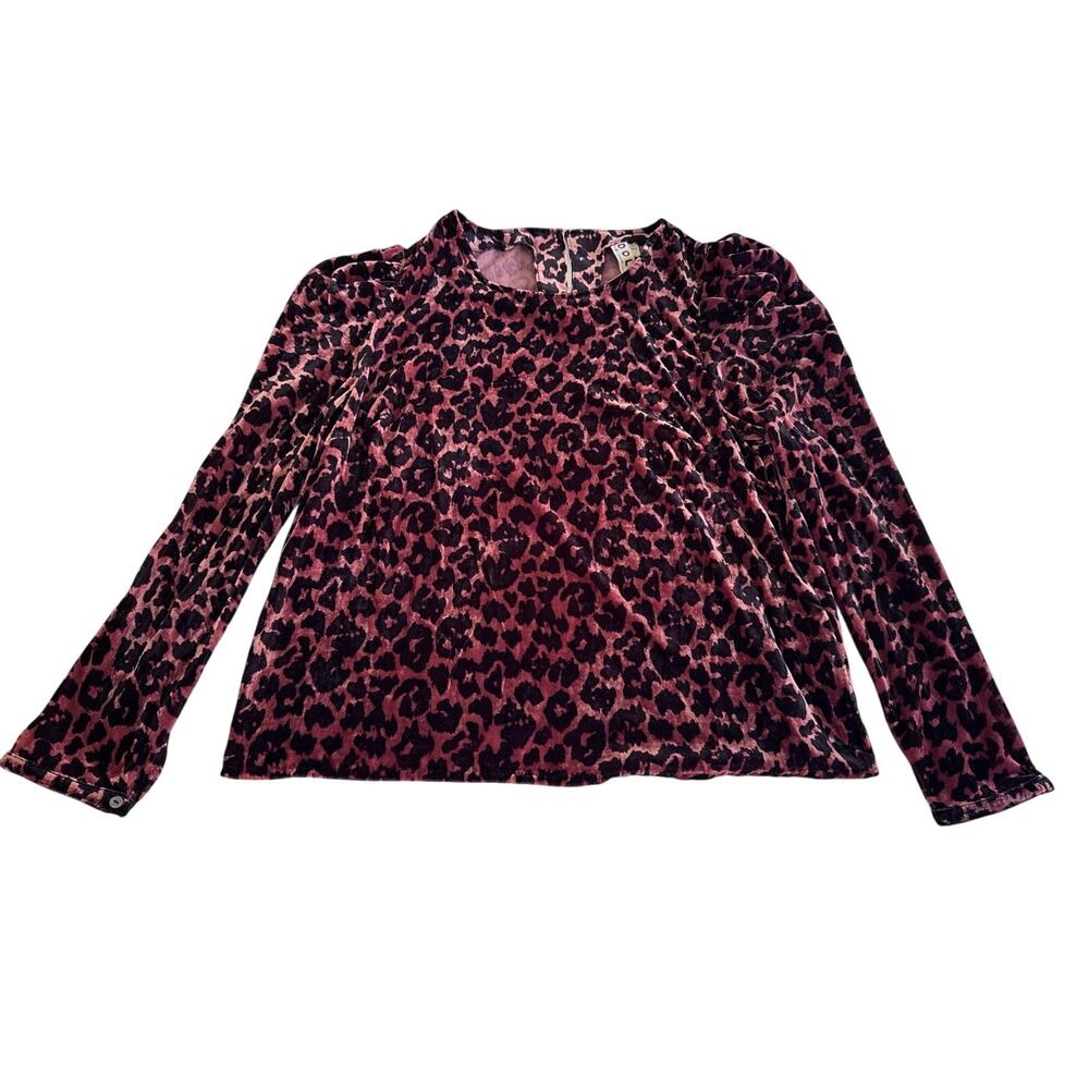 Dolan Anthropologie Velvet Leopard Print Blouse Womens L Puff Sleeve Burgundy